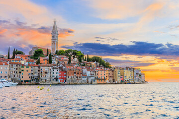 Rovinj, Croatia. Sunset view of old town on the western coast of the Istrian peninsula.