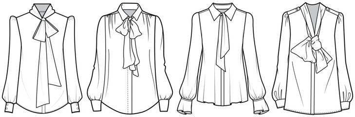 womens long sleeve bow blouse flat sketch vector illustration technical cad drawing template