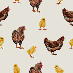 Watercolor Easter hen and chicks seamless pattern. 