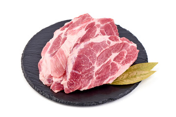 Raw pork shuulder steaks, isolated on white background. High resolution image.