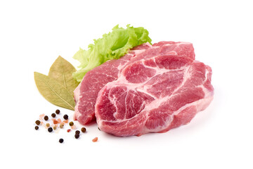 Raw pork shuulder steaks, isolated on white background. High resolution image.