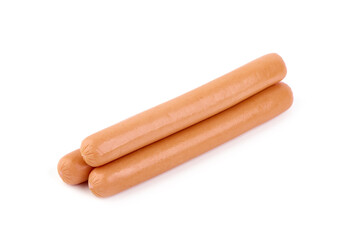 Boiled sausages with basil, isolated on white background.
