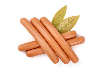 Boiled sausages with basil, isolated on white background.