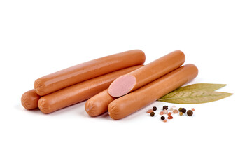 Boiled sausages with basil, isolated on white background.
