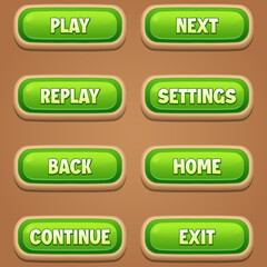 A Collection of GUI Vector green buttons with editable text effect for the design of the user interface of casual mobile games and applications. Modern green buttons in sand style.