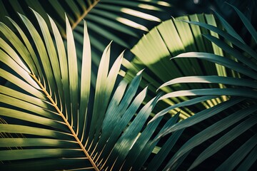 Obraz na płótnie Canvas Tropical palm tree leaves closeup kissed by sunlight, generative ai