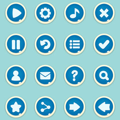 A Collection of GUI Vector blue round buttons with icons of the user interface of casual mobile games and mobile applications. Modern blue round buttons in soft style.