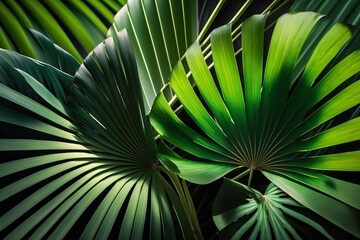 Obraz na płótnie Canvas Tropical palm tree leaves closeup kissed by sunlight, generative ai