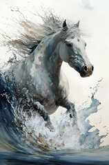  White horse, abstract watercolor. Generative AI.