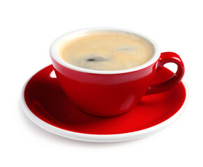 Red ceramic cup with hot aromatic coffee isolated on white