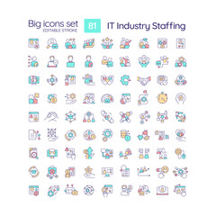 IT industry staffing RGB color icons set. HR department. Hiring process. Company recruitment. Isolated vector illustrations. Simple filled line drawings collection. Editable stroke
