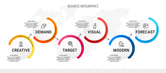 Infographics with six rhombus. Business elements are placed in horizontal row. Modern concept with 6 successive steps for project progress. Flat design template. Vector illustration.
