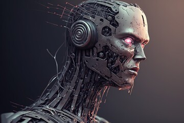 Portrait of cyborg robot head 3. Generative AI.
