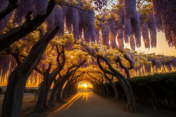 Obraz premium At Golden Hour, a field of Wisteria trees in full bloom creates a delicate sea of purple, pink, or white against a clear blue sky. The sun's warm rays make the petals shimmer
