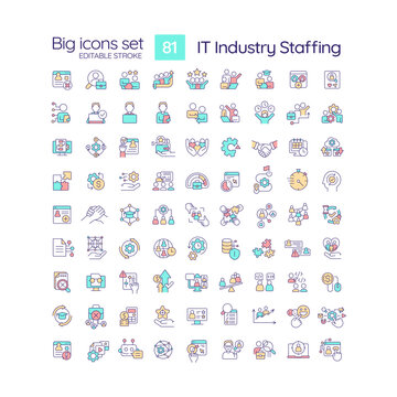 IT Industry Staffing RGB Color Icons Set. HR Department. Hiring Process. Company Recruitment. Isolated Vector Illustrations. Simple Filled Line Drawings Collection. Editable Stroke