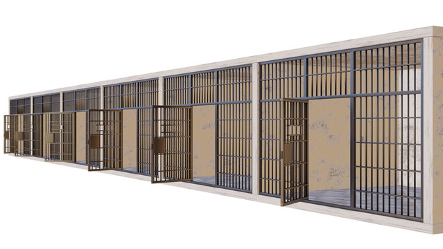Prison metal bars, and open cell doors. Transparent PNG illustration Prison cells, Iron jail cage. Crime, punishment and amnesty concept.
