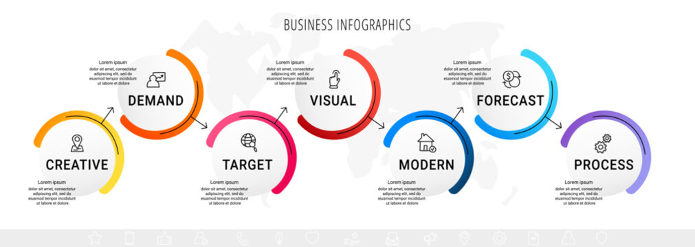 Vector business infographics template. Timeline with 7 circle, icon, arrow, steps, seven number options. Can be used for workflow layout, diagram, chart, banner, web design. Modern illustration