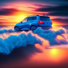 blue SUV with waves and sunset in the background - generative ai