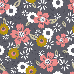 Pretty Ditsy Floral on Dark Background Vector Seamless Pattern