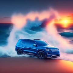 Fototapeta na wymiar blue SUV with waves and sunset in the background - generative ai