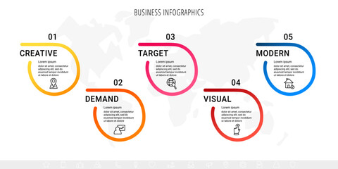 Vector line infographics with 5 circles. Business concept graphic process template with five steps. Graphic timeline for app, website, interface, chart, levels, web, diagram, banner, presentations