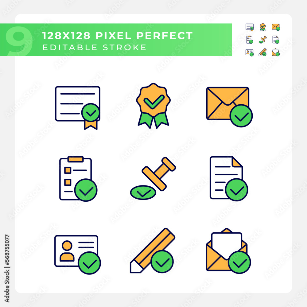 Poster checkmarks in business and education pixel perfect rgb color icons set. approved data signs. correct