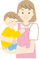 赤ちゃんを抱きかかえて微笑む保育士のイラスト