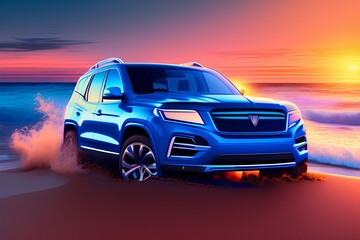 Plakat blue SUV with waves and sunset in the background - generative ai
