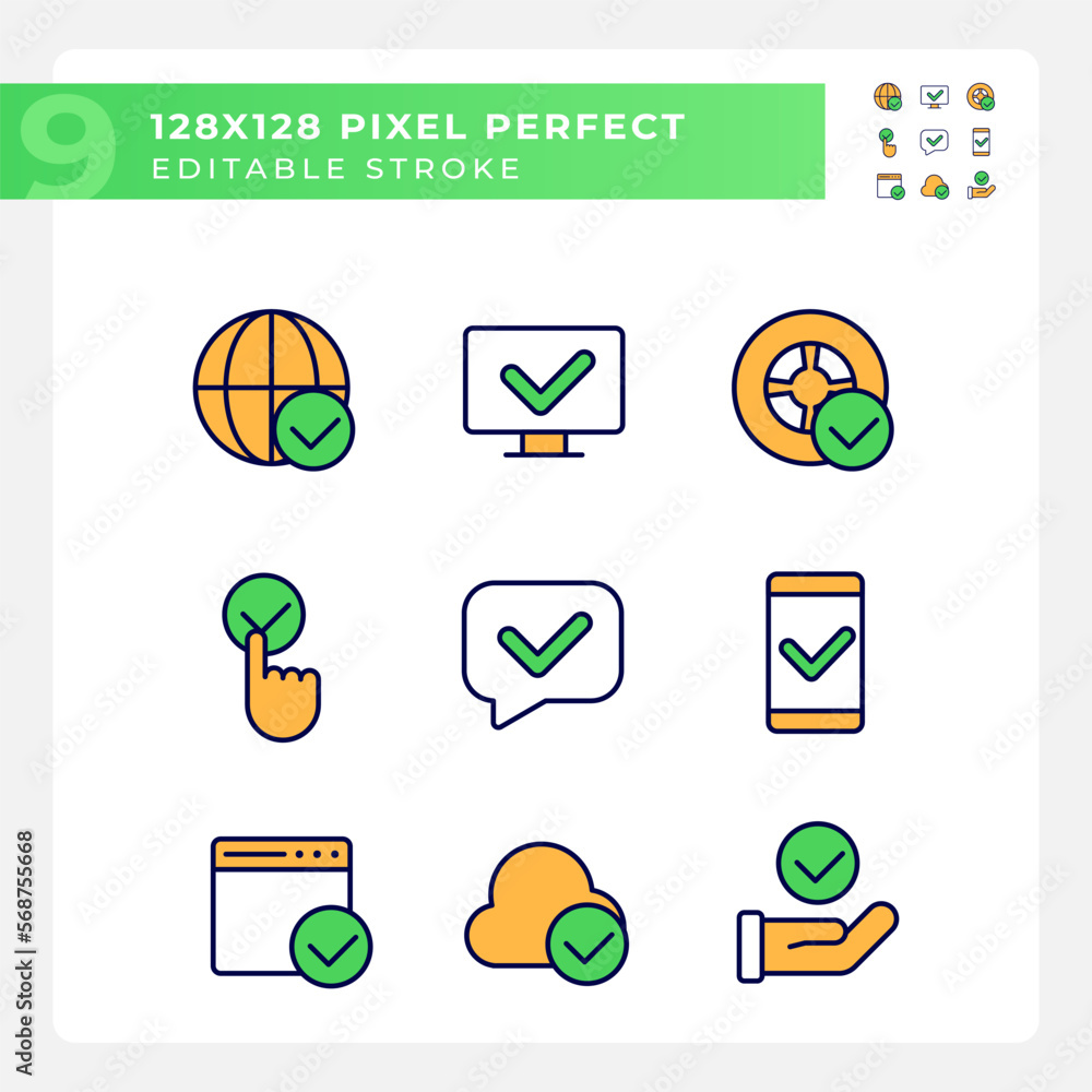 Poster checkmarks in communication pixel perfect rgb color icons set. approval marks in digital industry. r