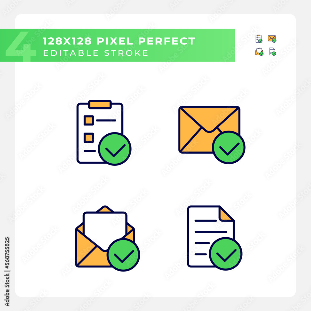 Poster documents with checkmarks pixel perfect rgb color icons set. approvement of business papers. correct