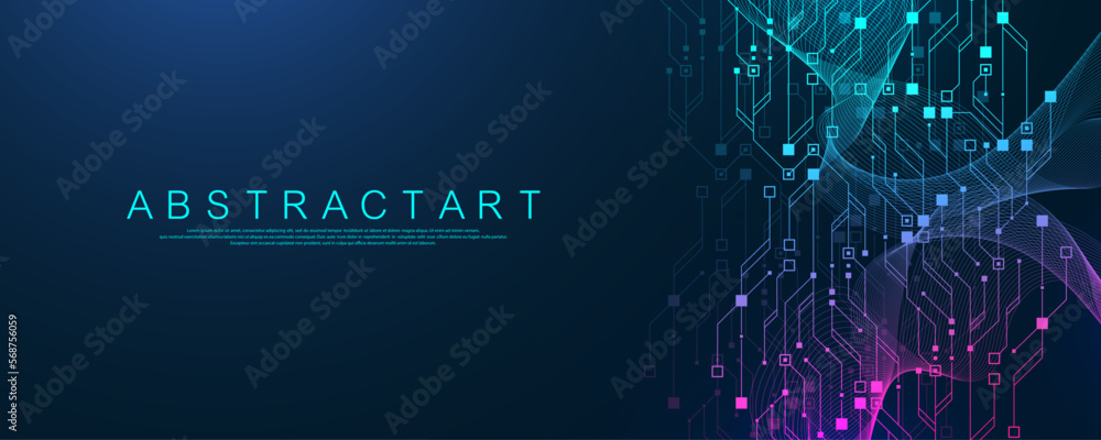 Poster Modern technology circuit board texture background design. Waves flow. Quantum explosion technology. Quantum computer technologies concept. Futuristic blue circuit board background vector motherboard