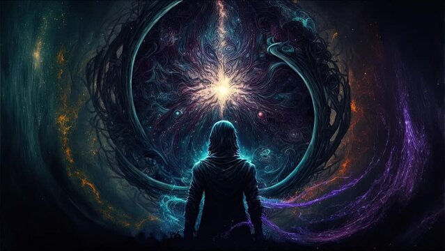 Man Standing in front of mysterious portal Surreal Fantasy Abstract Cosmos Void Background Loop Animation