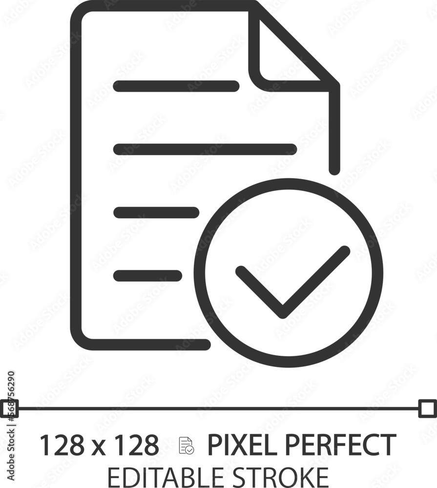 Poster document with check mark pixel perfect linear icon. approved business papers. corporate information 