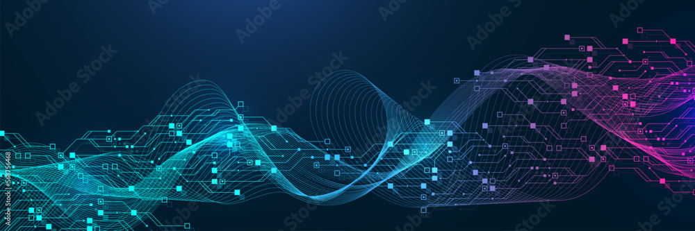 Poster Quantum computer technologies concept. Futuristic blue circuit board background vector. Modern technology circuit board texture background design. Waves flow. Quantum explosion technology.