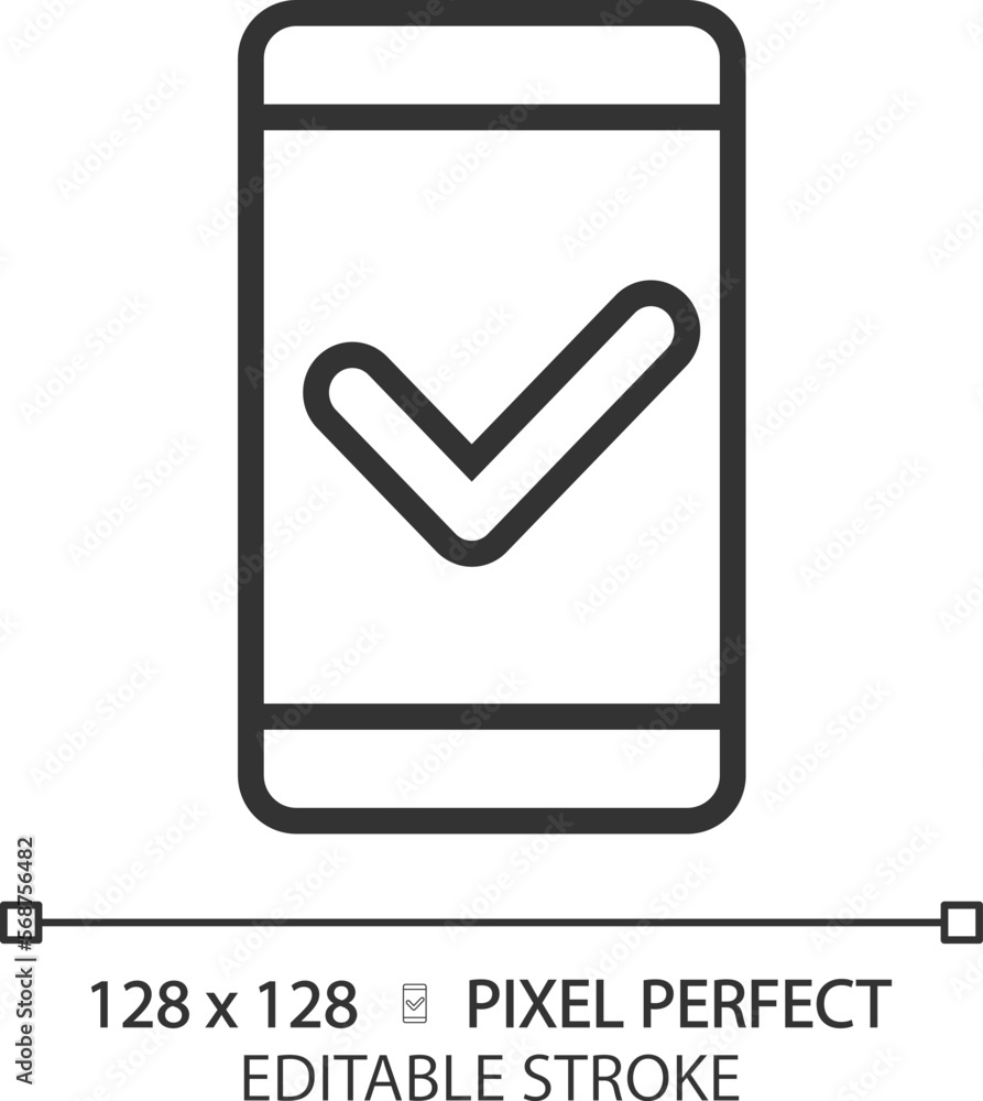 Poster mobile phone with check mark pixel perfect linear icon. safe communication via smartphone. personal 