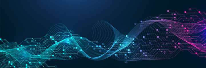 Quantum computer technologies concept. Futuristic blue circuit board background vector. Modern technology circuit board texture background design. Waves flow. Quantum explosion technology.