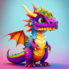 Fototapeta premium Adorable and cute dragon lizard Illustation, children-friendly cartoon in fantasy style, Generative AI