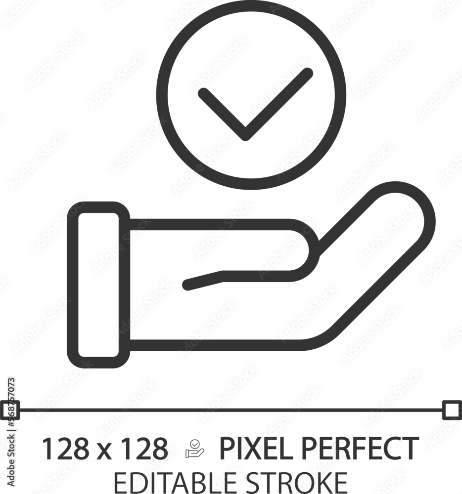 Poster hand with check mark pixel perfect linear icon. palm holding tick. making right decision. choice app