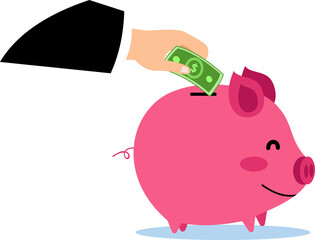 cartoon illustration of a businessman hand putting a dollar bill in a piggy bank. illustration of investing by saving in a piggy bank