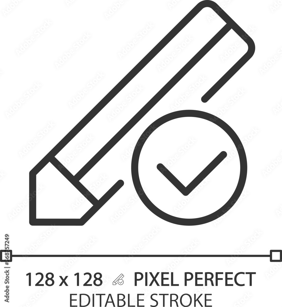 Poster pencil with check mark pixel perfect linear icon. voting process. writing approved information. corr
