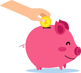 cartoon illustration of a hand putting a gold coin in a piggy bank
