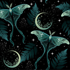 Seamless magic green vector pattern. Moon moth, herbs, stars. Bohemian fabric design. Contemporary composition. © Любовь Овсянникова