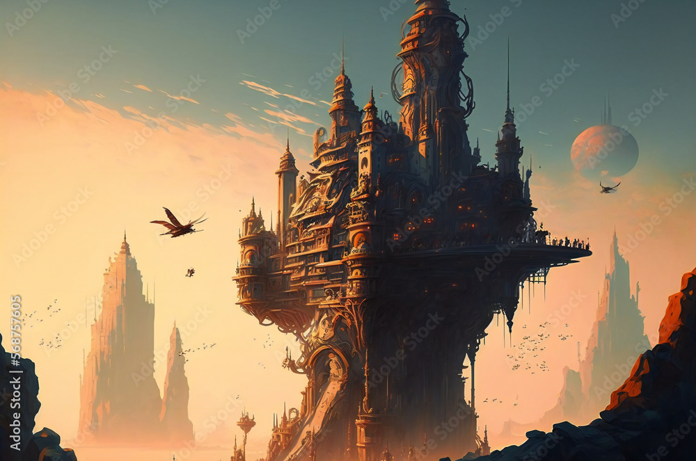 Poster fictional ancient architecture on an alien planet. created with generative ai technology.