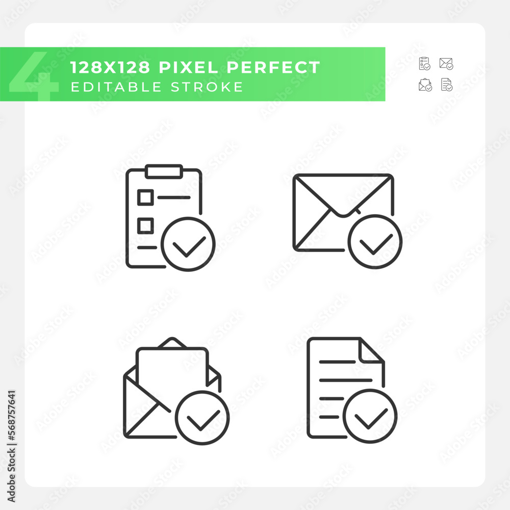 Poster documents with checkmarks pixel perfect linear icons set. approvement of business papers. correct in