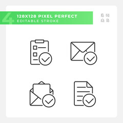 Documents with checkmarks pixel perfect linear icons set. Approvement of business papers. Correct information. Customizable thin line symbols. Isolated vector outline illustrations. Editable stroke