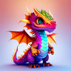 Fototapeta premium Adorable and cute dragon lizard Illustation, children-friendly cartoon in fantasy style, Generative AI
