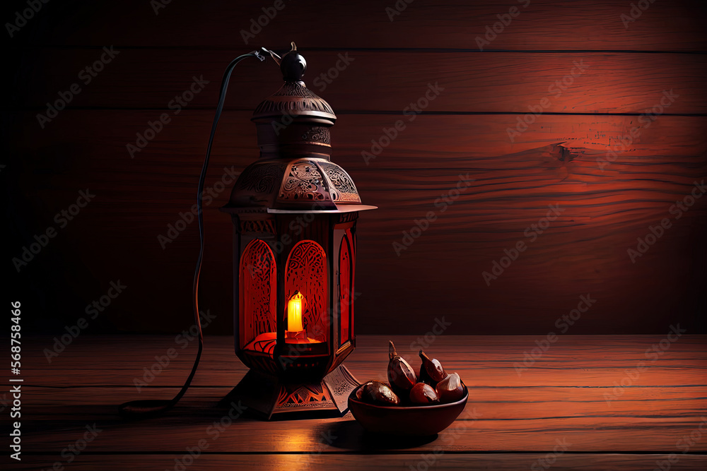 Poster ramadan lamp and dates on wooden background. generative ai