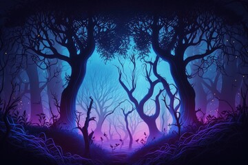 Fototapeta premium Night Fantasy Magical Forest Landscape Neon Light Fairy-tale Atmosphere Generative AI Illustrations.