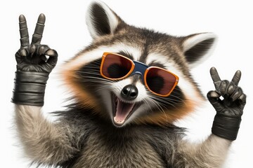 Funny raccoon wearing party sunglasses , ai generated - obrazy, fototapety, plakaty