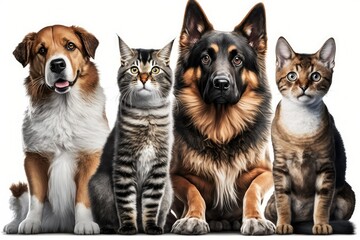 Fototapeta premium group of cats and dogs on white, ai generated 